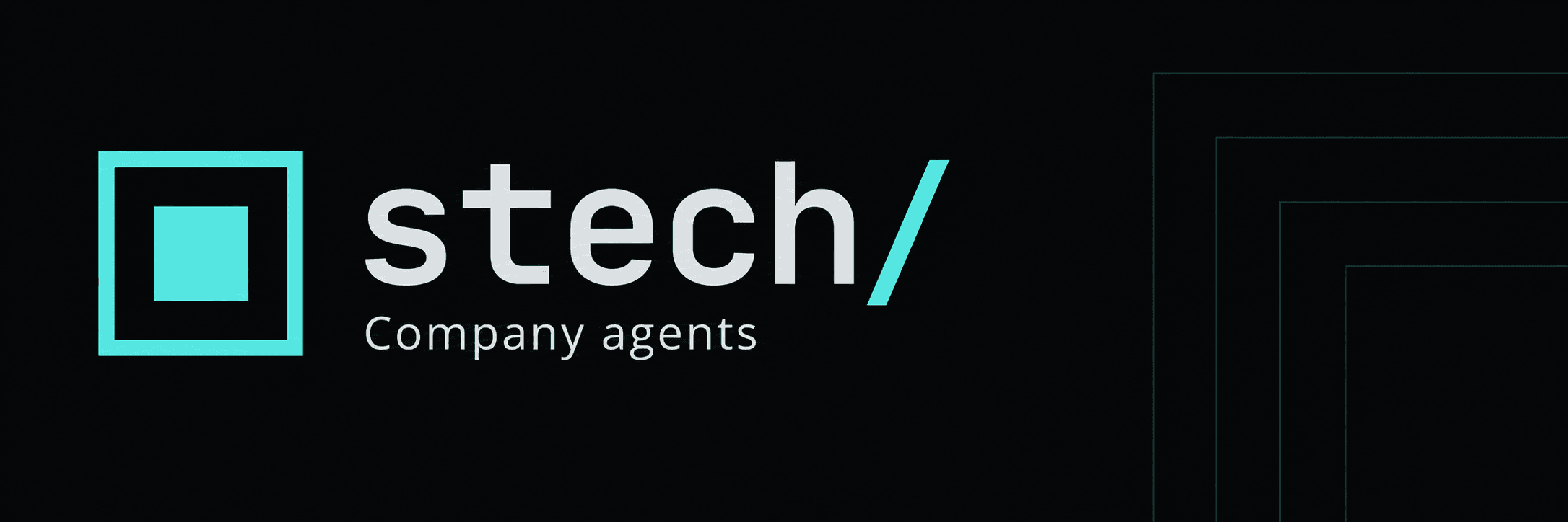 Stech slash wordmark and mint nested-square mark, with the words Company agents on a near-black background